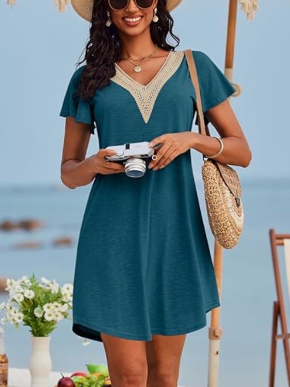 Chic Nation Teal V‑Neck Beach Coverup with Cream Trim